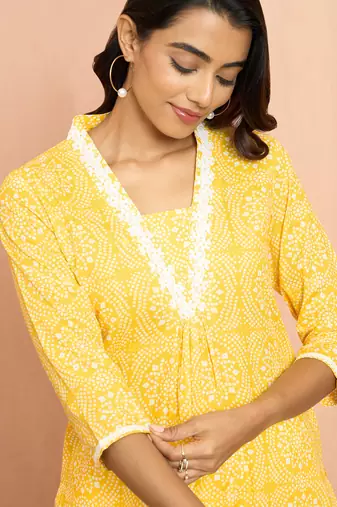 Woyellow bandhani print kurta - bright rakhi traditional cambric cotton ethnic top