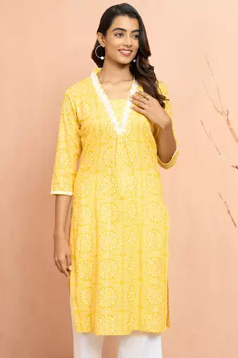 Woyellow bandhani print kurta - bright rakhi traditional cambric cotton ethnic top