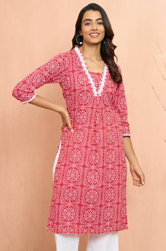 Women's red bandhani print kurta - traditional raksha bandhan cambric cotton ethnic dress