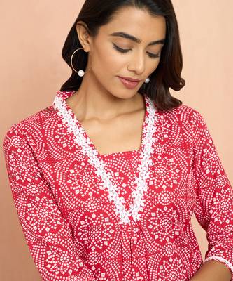 Women's red bandhani print kurta - traditional raksha bandhan cambric cotton ethnic dress 2