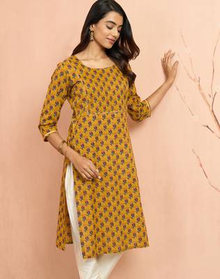 Womustard floral pleated kurta - traditional rakhi dress with pleated yoke design 1