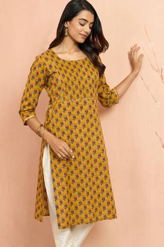 Women's mustard floral pleated kurta - traditional rakhi dress with pleated yoke design