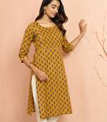Womustard floral pleated kurta - traditional rakhi dress with pleated yoke design