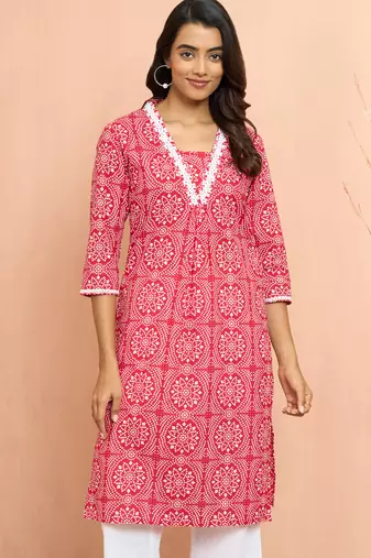 Women's red bandhani print kurta - traditional raksha bandhan cambric cotton ethnic dress