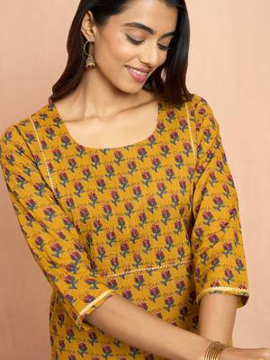 Womustard floral pleated kurta - traditional rakhi dress with pleated yoke design 2
