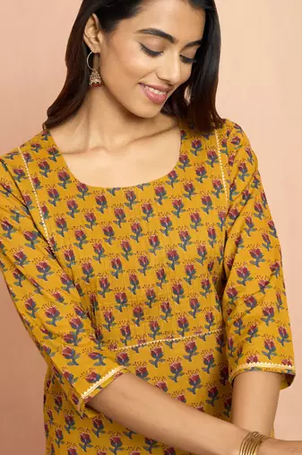 Womustard floral pleated kurta - traditional rakhi dress with pleated yoke design
