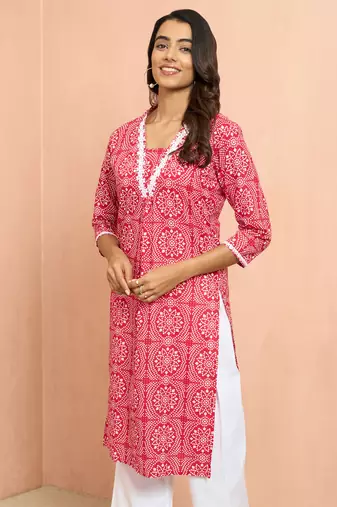 Women's red bandhani print kurta - traditional raksha bandhan cambric cotton ethnic dress