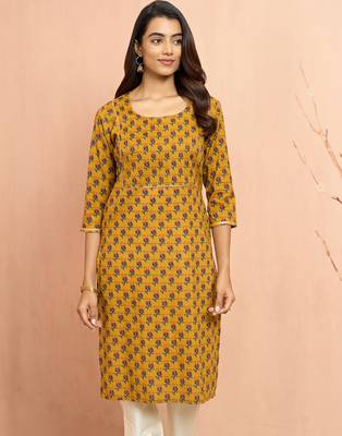 Womustard floral pleated kurta - traditional rakhi dress with pleated yoke design 3