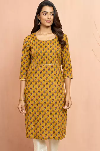 Womustard floral pleated kurta - traditional rakhi dress with pleated yoke design