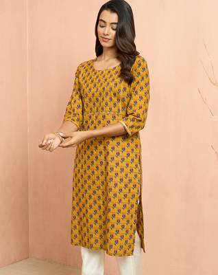 Womustard floral pleated kurta - traditional rakhi dress with pleated yoke design 4