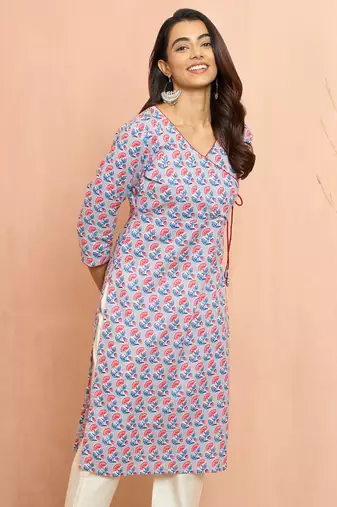 Women's grey floral angrakha kurta - traditional rakhi dress with sequin yoke work