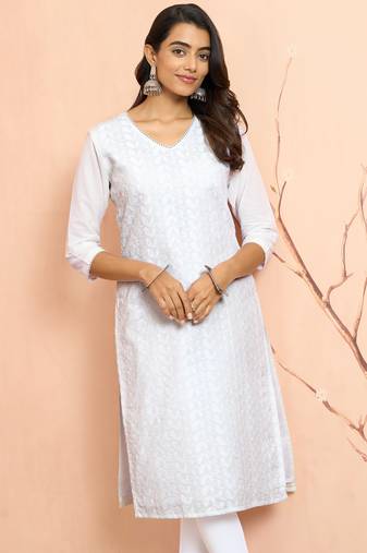 Women's white cotton chikankari kurta - traditional raksha bandhan outfit with paisley embroidery