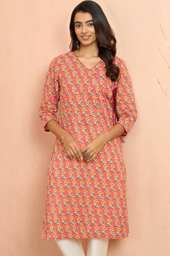 Women's pink floral angrakha kurta - designer rakhi outfit with sequin yoke ethnic wear