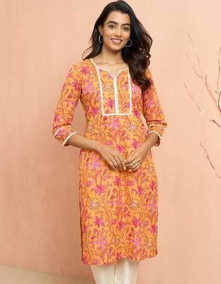 Womustard floral print cotton kurta - rakhi special collection round neck ethnic wear 1