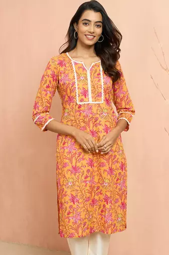 Women's mustard floral print cotton kurta - rakhi special collection round neck ethnic wear