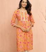 Womustard floral print cotton kurta - rakhi special collection round neck ethnic wear