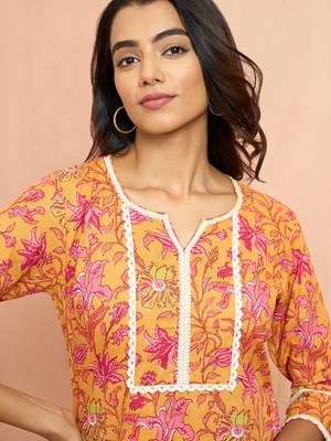 Womustard floral print cotton kurta - rakhi special collection round neck ethnic wear 2