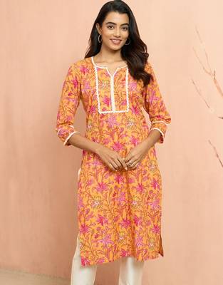 Womustard floral print cotton kurta - rakhi special collection round neck ethnic wear 3