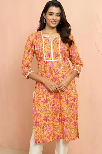 Womustard floral print cotton kurta - rakhi special collection round neck ethnic wear