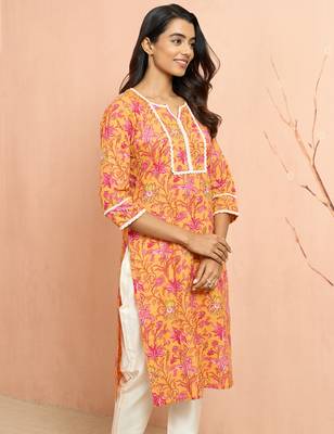 Womustard floral print cotton kurta - rakhi special collection round neck ethnic wear 4