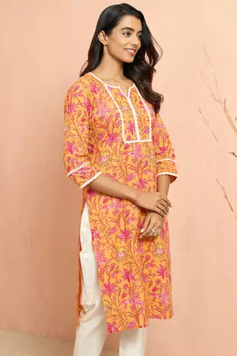 Womustard floral print cotton kurta - rakhi special collection round neck ethnic wear