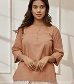 Worose pink cotton linen yoga kurta with round neck & button closure
