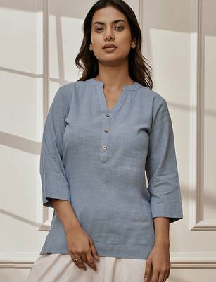 Woaqua cotton linen yoga kurta with band collar & three quarter sleeves 1