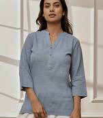 Woaqua cotton linen yoga kurta with band collar & three quarter sleeves