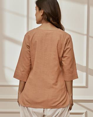 Worose pink cotton linen yoga kurta with round neck & button closure 4