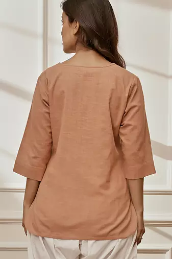 Worose pink cotton linen yoga kurta with round neck & button closure
