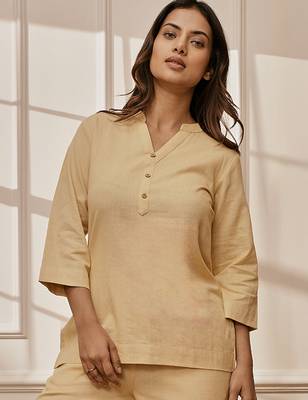 Wochiku cotton linen yoga kurta with band collar & three quarter sleeves 1