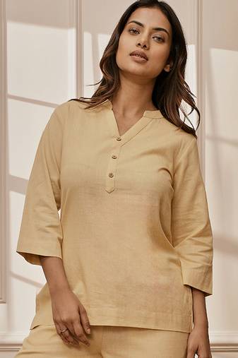 Women's chiku cotton linen yoga kurta with band collar & three quarter sleeves
