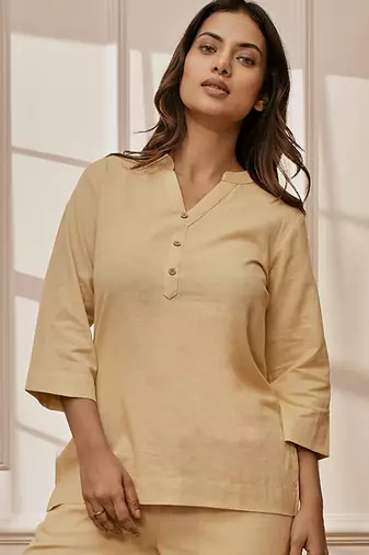 Women's chiku cotton linen yoga kurta with band collar & three quarter sleeves