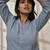 Women's aqua cotton linen yoga kurta with band collar & three quarter sleeves