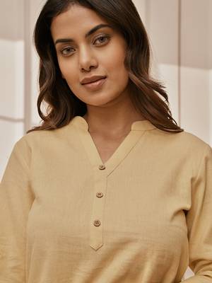 Wochiku cotton linen yoga kurta with band collar & three quarter sleeves 2