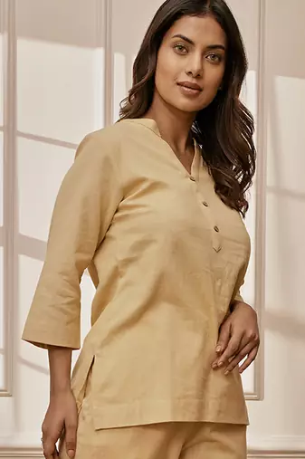 Wochiku cotton linen yoga kurta with band collar & three quarter sleeves
