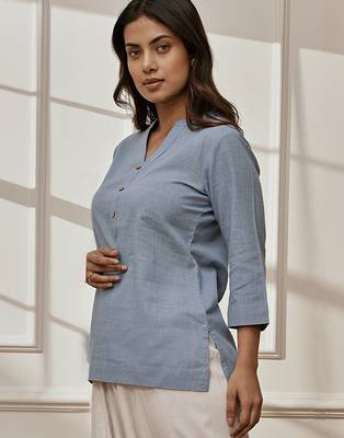 Woaqua cotton linen yoga kurta with band collar & three quarter sleeves 3