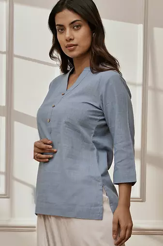 Woaqua cotton linen yoga kurta with band collar & three quarter sleeves
