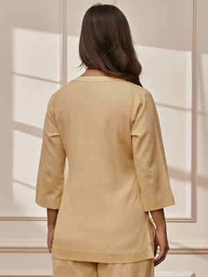 Wochiku cotton linen yoga kurta with band collar & three quarter sleeves 4