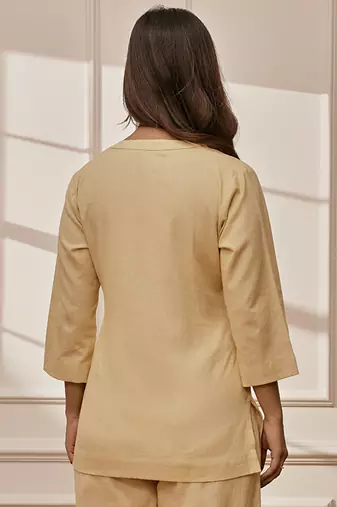 Wochiku cotton linen yoga kurta with band collar & three quarter sleeves