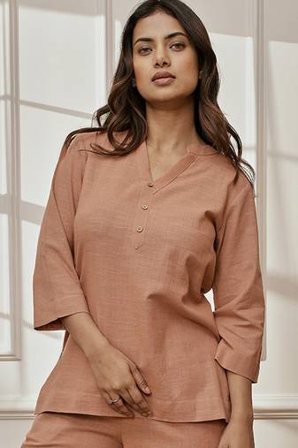 Women's rose pink cotton linen yoga kurta with band collar & three quarter sleeves