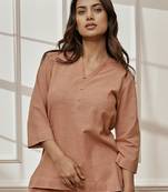 Worose pink cotton linen yoga kurta with band collar & three quarter sleeves