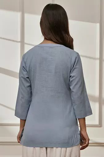 Woaqua cotton linen yoga kurta with band collar & three quarter sleeves