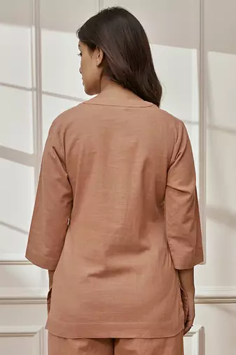 Worose pink cotton linen yoga kurta with band collar & three quarter sleeves