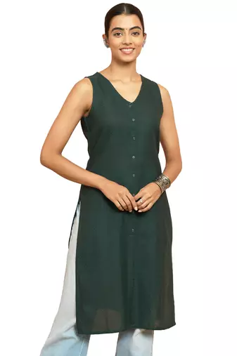 Women's bottle green moonlight jacquard kurta - contemporary rakhi cotton blend ethnic wear