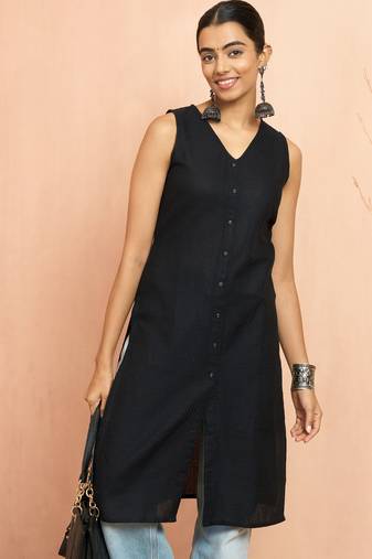 Women's black moonlight jacquard kurta - sleeveless raksha bandhan cotton blend ethnic top