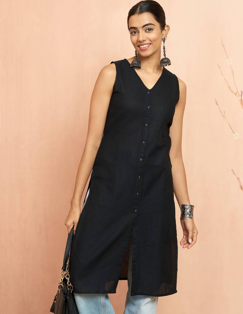 Women's black moonlight jacquard kurta - sleeveless raksha bandhan cotton blend ethnic top