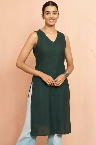 Wobottle green moonlight jacquard kurta - contemporary rakhi cotton blend ethnic wear