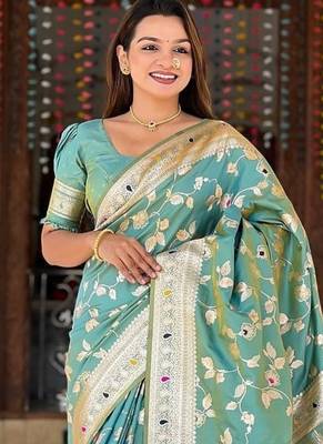 Sea Green Color Banarasi Silk Meenakari Design Saree 1