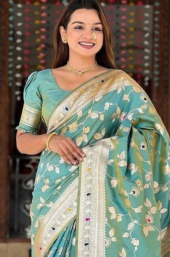 Sea Green Color Banarasi Silk Meenakari Design Saree